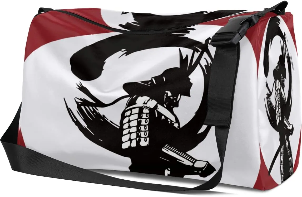Leather Sport Gym Bag Illustration of Japanese Samurai Weekender Bag for Women and Men Carry On Bag Warrior Travel Duffel Bag