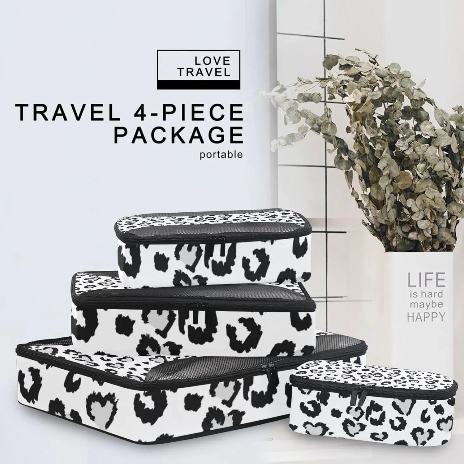 Leopard Jaguar Skin with Grey Hearts Black Spots Animal Print 4 Set Packing Cubes, Travel Packing Organizers, 600D Oxford Cloth Toiletry Storage Bag, Luggage Mesh Bags for Accessories