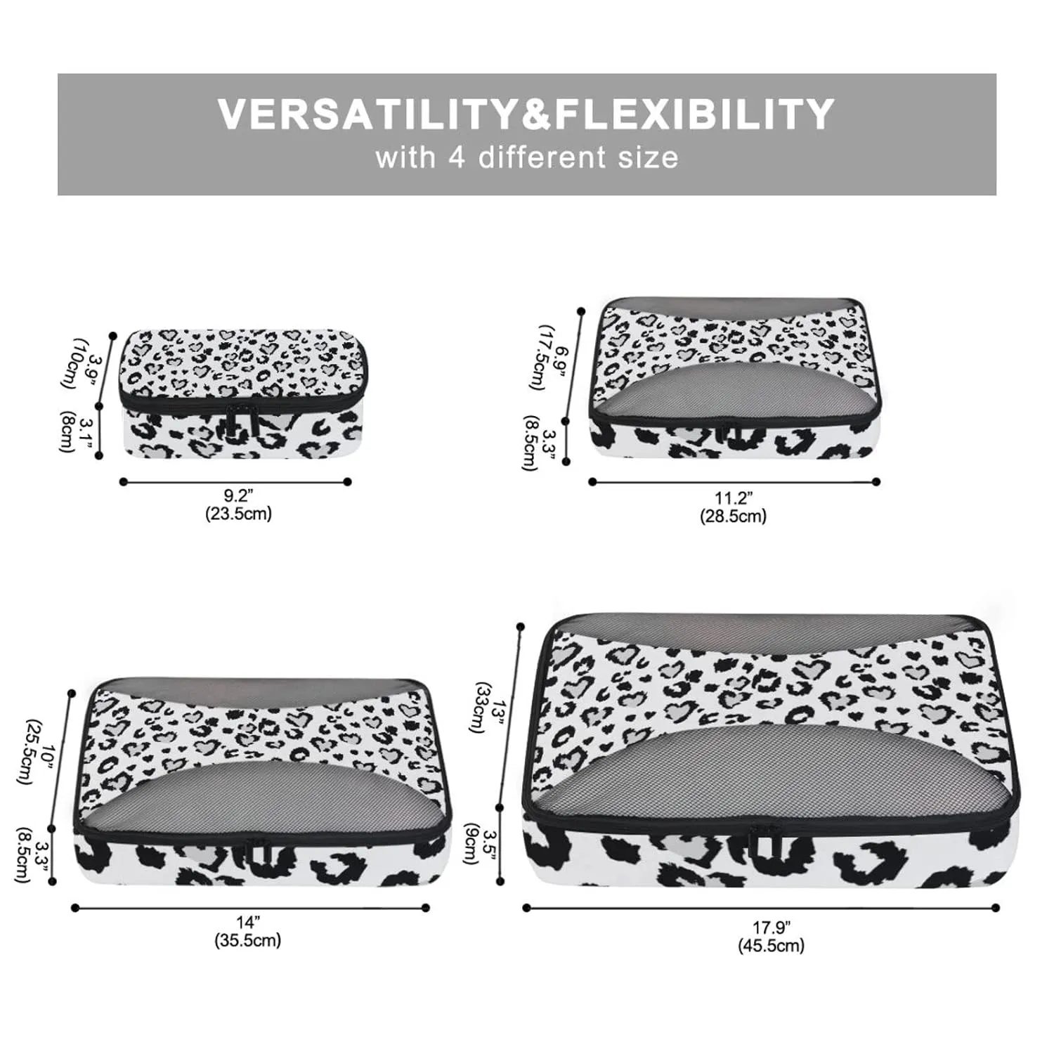 Leopard Jaguar Skin with Grey Hearts Black Spots Animal Print 4 Set Packing Cubes, Travel Packing Organizers, 600D Oxford Cloth Toiletry Storage Bag, Luggage Mesh Bags for Accessories