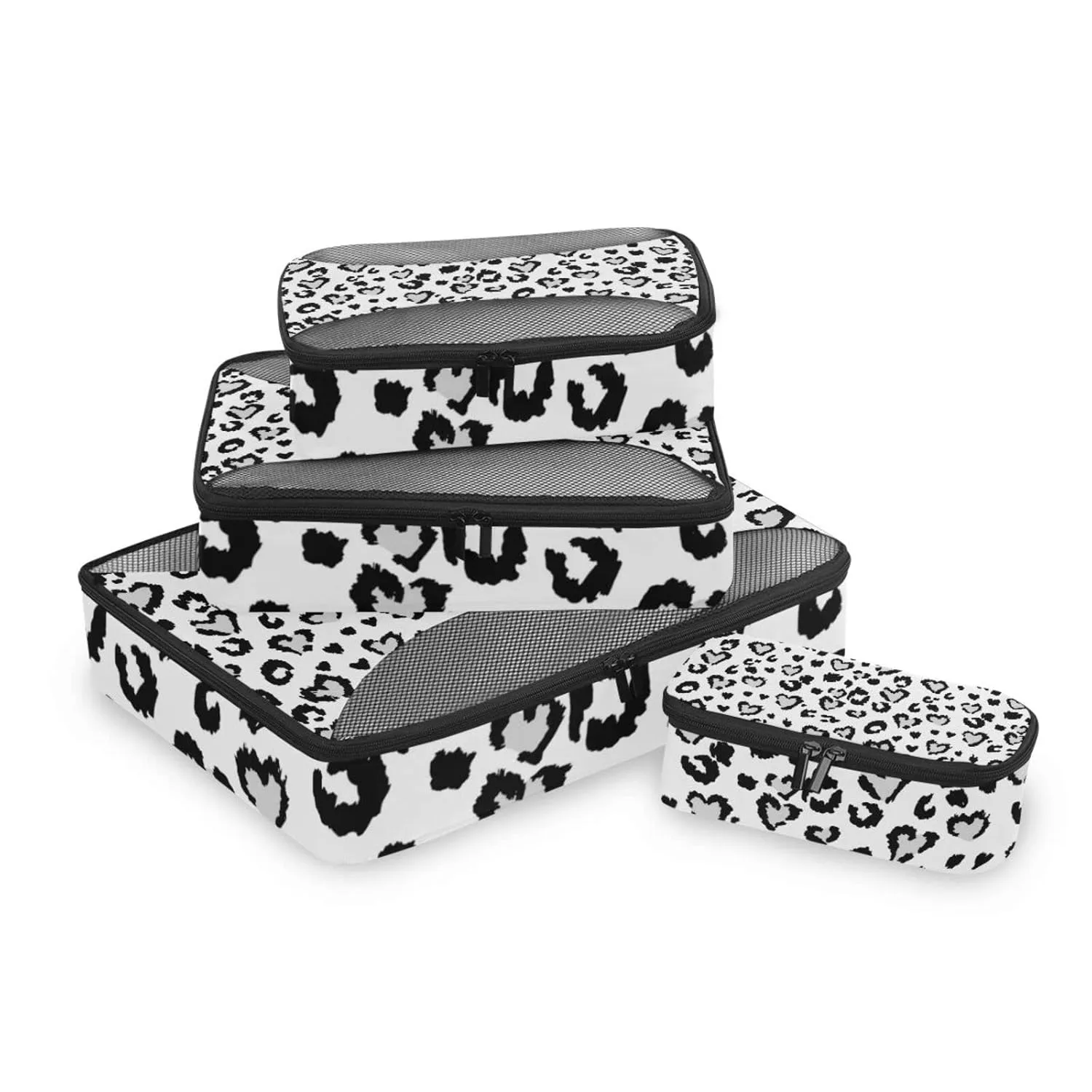 Leopard Jaguar Skin with Grey Hearts Black Spots Animal Print 4 Set Packing Cubes, Travel Packing Organizers, 600D Oxford Cloth Toiletry Storage Bag, Luggage Mesh Bags for Accessories