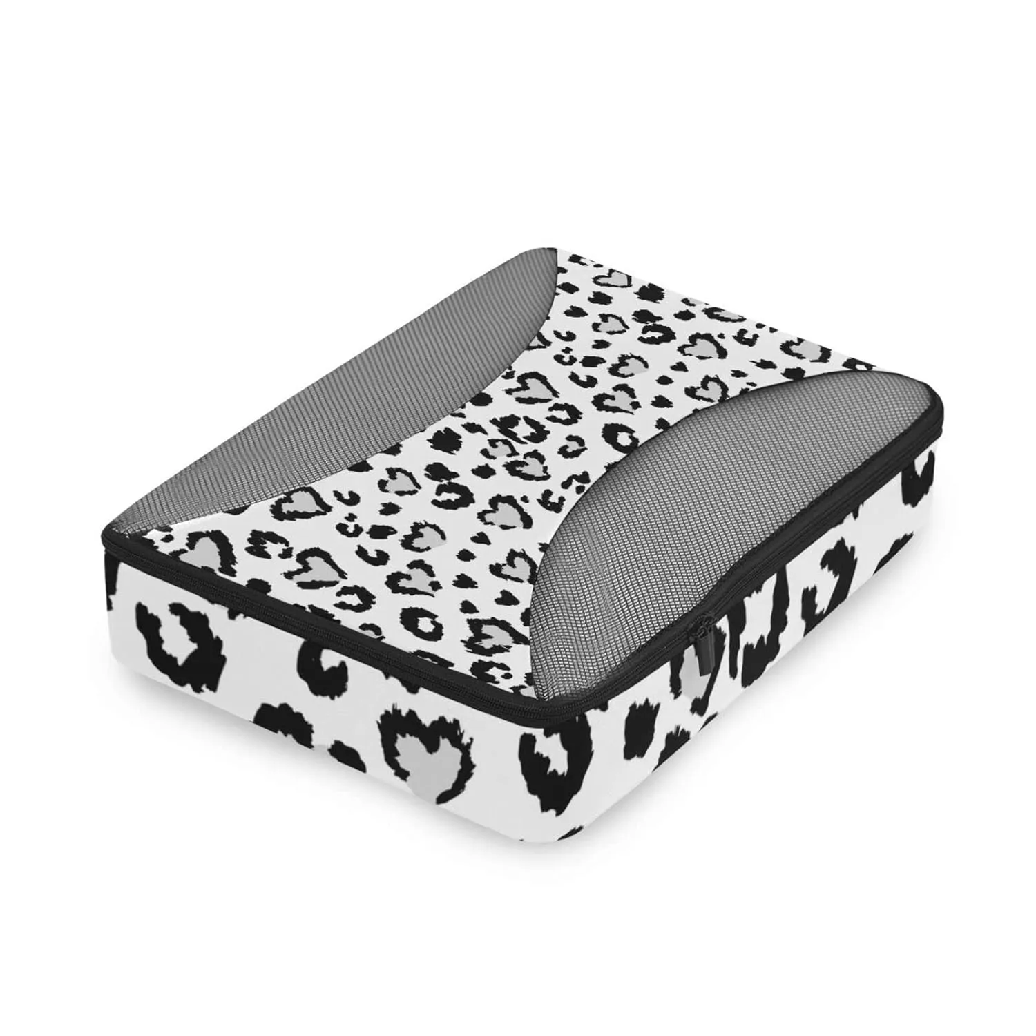 Leopard Jaguar Skin with Grey Hearts Black Spots Animal Print 4 Set Packing Cubes, Travel Packing Organizers, 600D Oxford Cloth Toiletry Storage Bag, Luggage Mesh Bags for Accessories