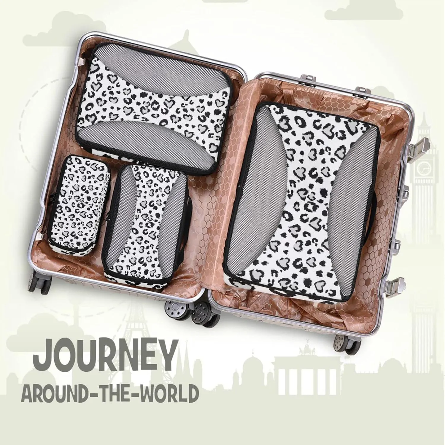 Leopard Jaguar Skin with Grey Hearts Black Spots Animal Print 4 Set Packing Cubes, Travel Packing Organizers, 600D Oxford Cloth Toiletry Storage Bag, Luggage Mesh Bags for Accessories