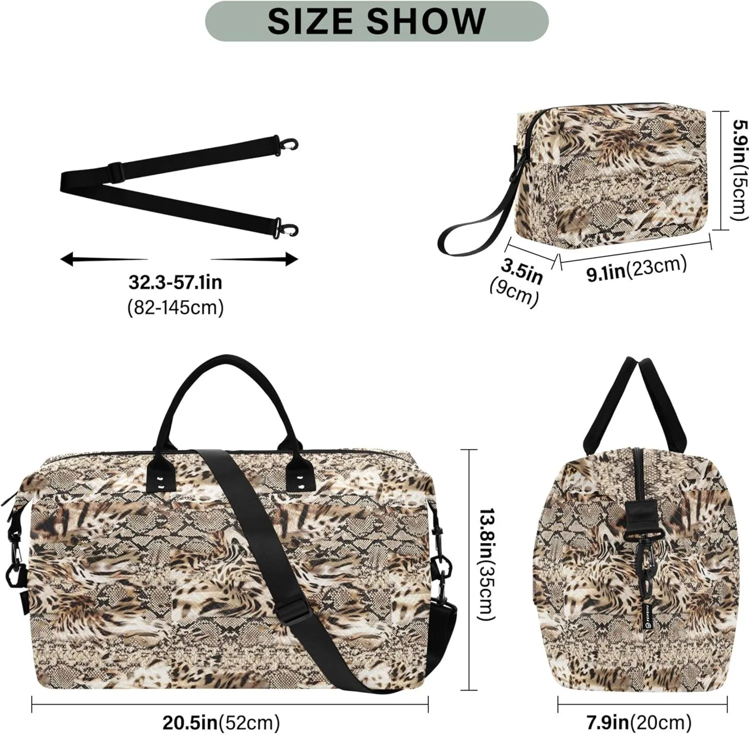 Leopard Snake Skin Duffel Bag Womens Makeup Bag Set, Cute Print Women Small Duffel Bag Overnight Hospital Bag