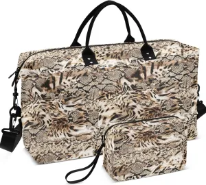 Leopard Snake Skin Duffel Bag Womens Makeup Bag Set, Cute Print Women Small Duffel Bag Overnight Hospital Bag