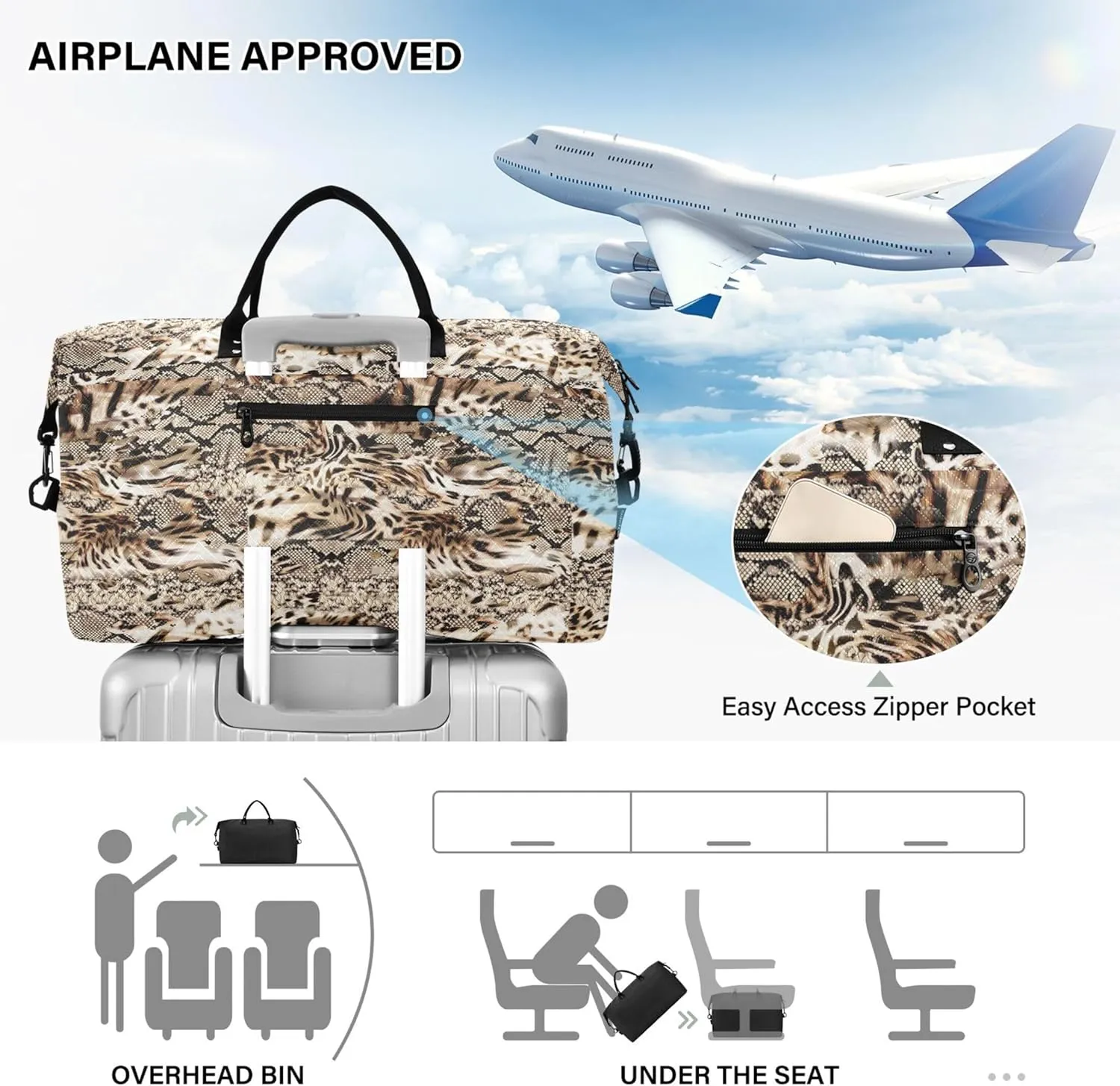 Leopard Snake Skin Duffel Bag Womens Makeup Bag Set, Cute Print Women Small Duffel Bag Overnight Hospital Bag