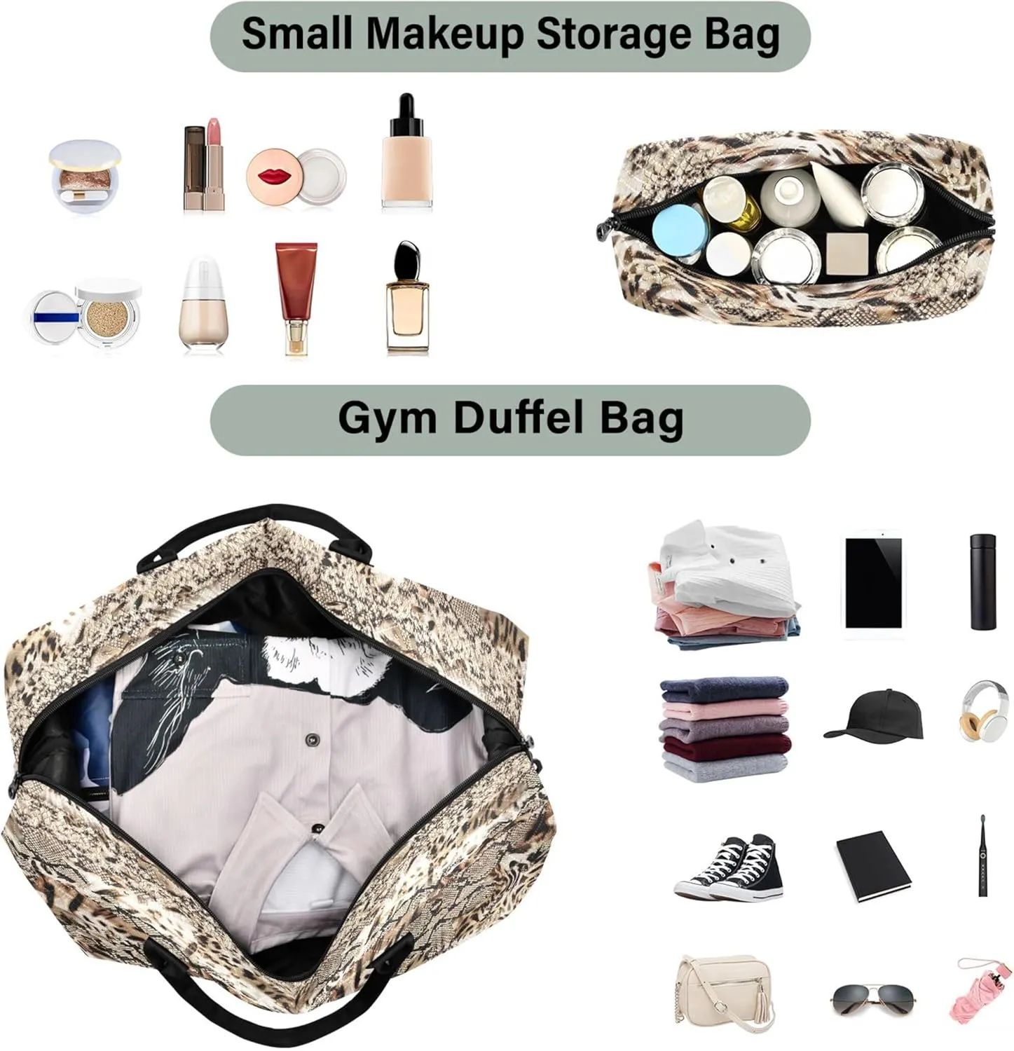 Leopard Snake Skin Duffel Bag Womens Makeup Bag Set, Cute Print Women Small Duffel Bag Overnight Hospital Bag
