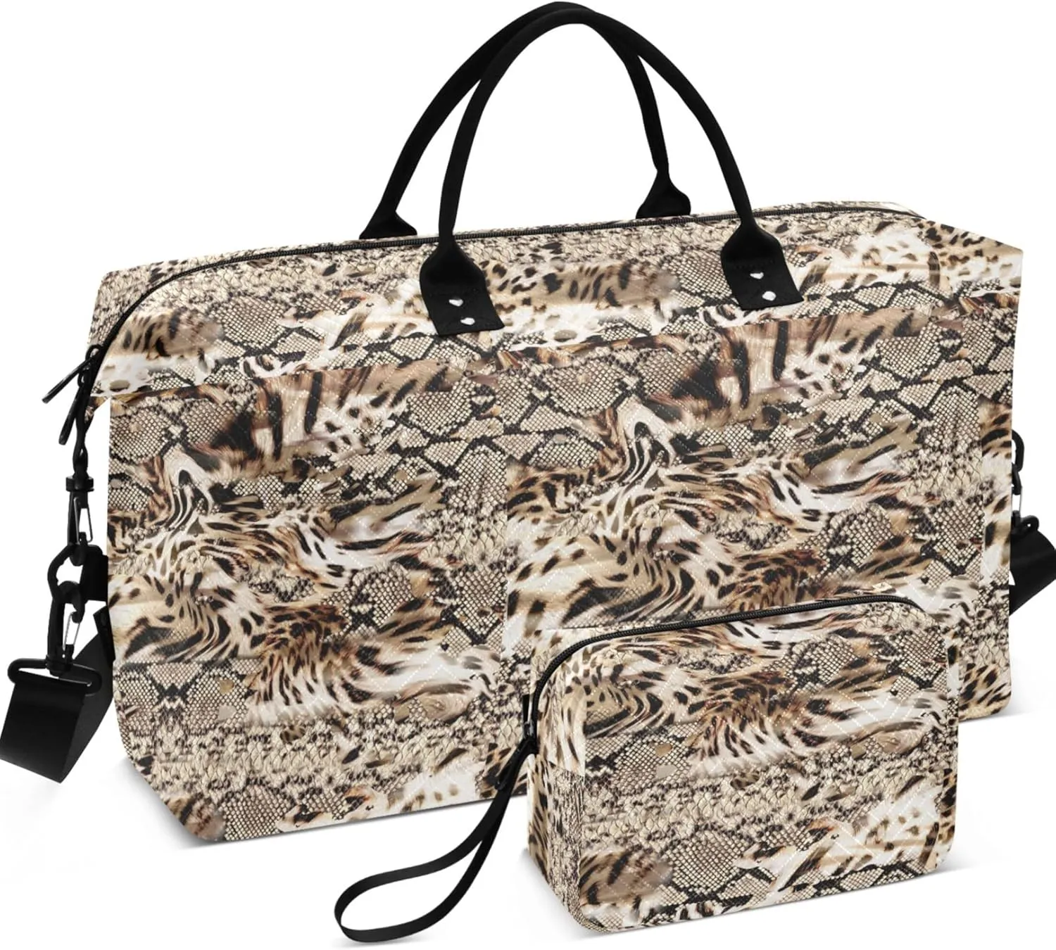 Leopard Snake Skin Duffel Bag Womens Makeup Bag Set, Cute Print Women Small Duffel Bag Overnight Hospital Bag