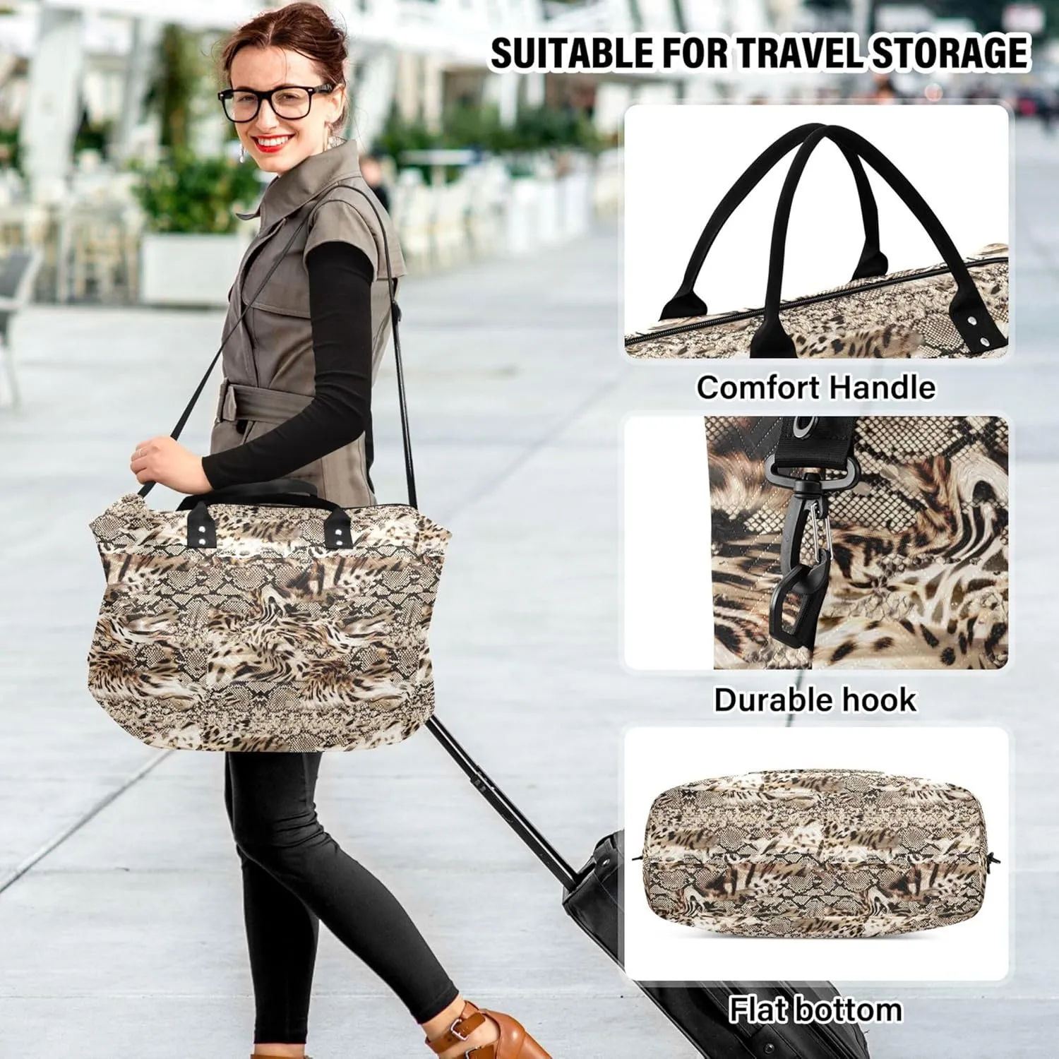 Leopard Snake Skin Duffel Bag Womens Makeup Bag Set, Cute Print Women Small Duffel Bag Overnight Hospital Bag