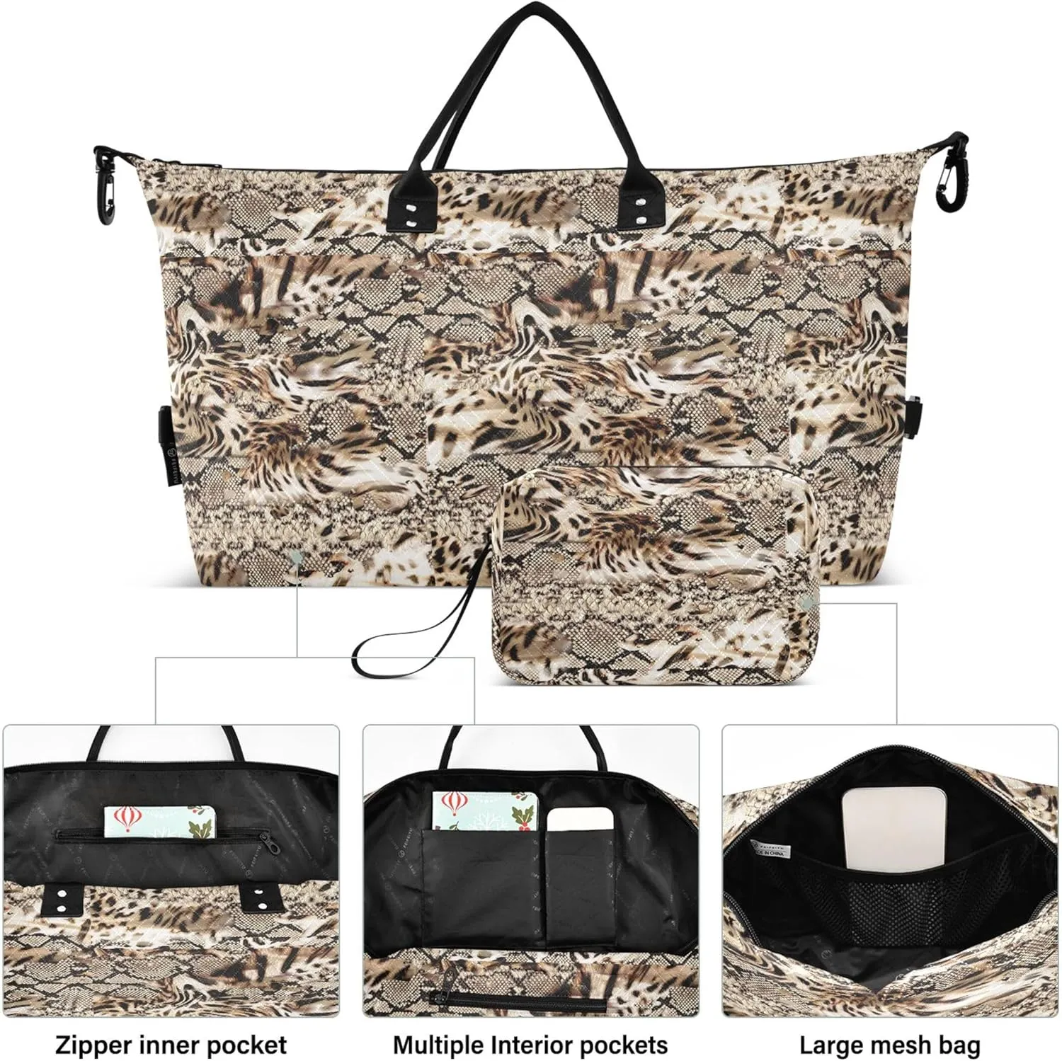 Leopard Snake Skin Duffel Bag Womens Makeup Bag Set, Cute Print Women Small Duffel Bag Overnight Hospital Bag