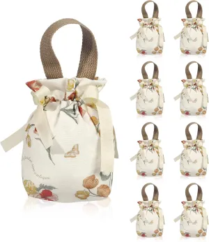 Liobelon Small Floral Gift Bags with Handles - 8 Piece Floral Canvas Drawstring Bags for Candy, Tea Party Favors, Wedding & Birthday Parties (Champagne)