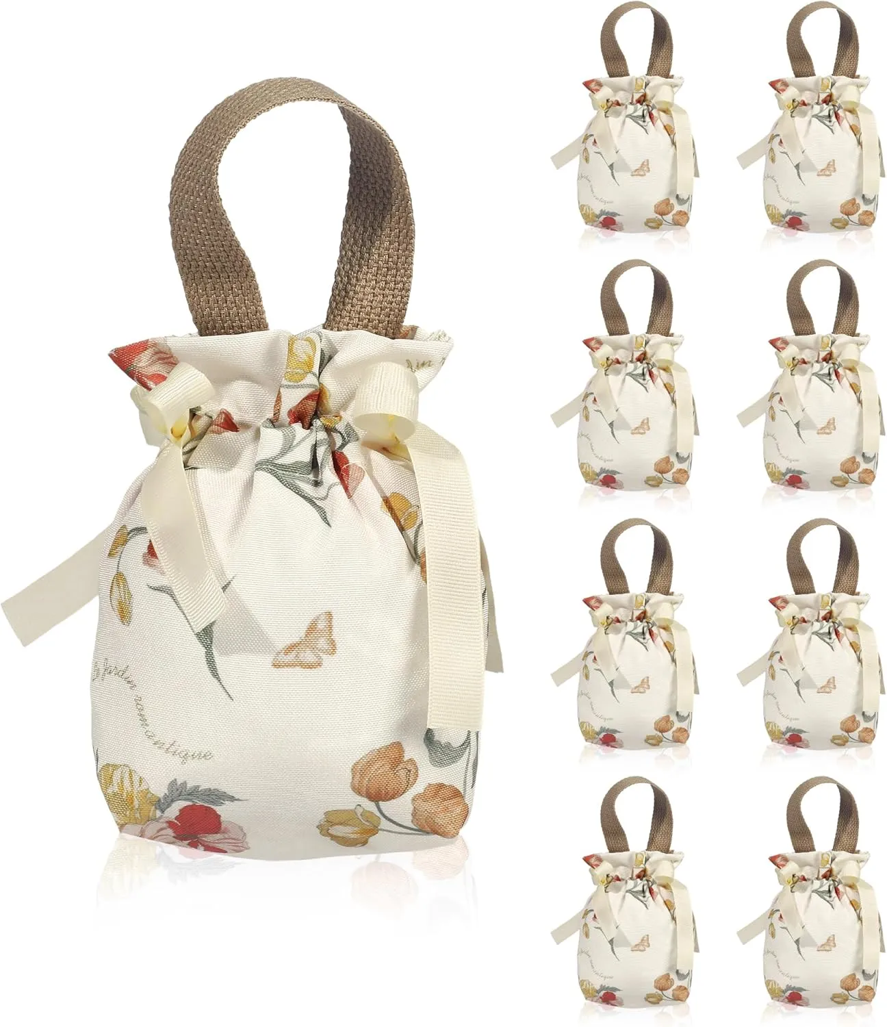 Liobelon Small Floral Gift Bags with Handles - 8 Piece Floral Canvas Drawstring Bags for Candy, Tea Party Favors, Wedding & Birthday Parties (Champagne)