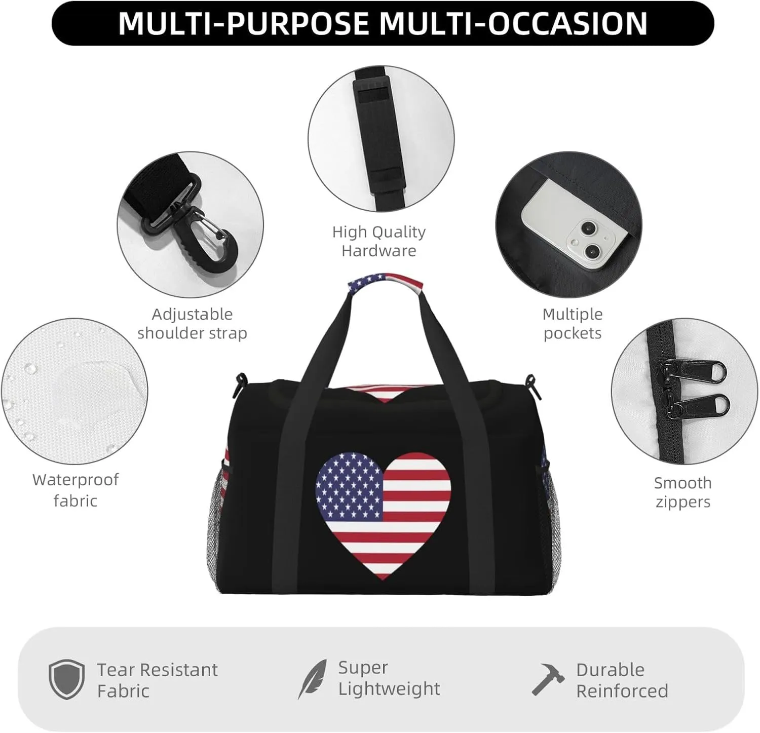 Love America Flag Travel Duffel Bag Large Foldable Waterproof Overnight Bag For Beach Swim Bags Pool Sports Gym