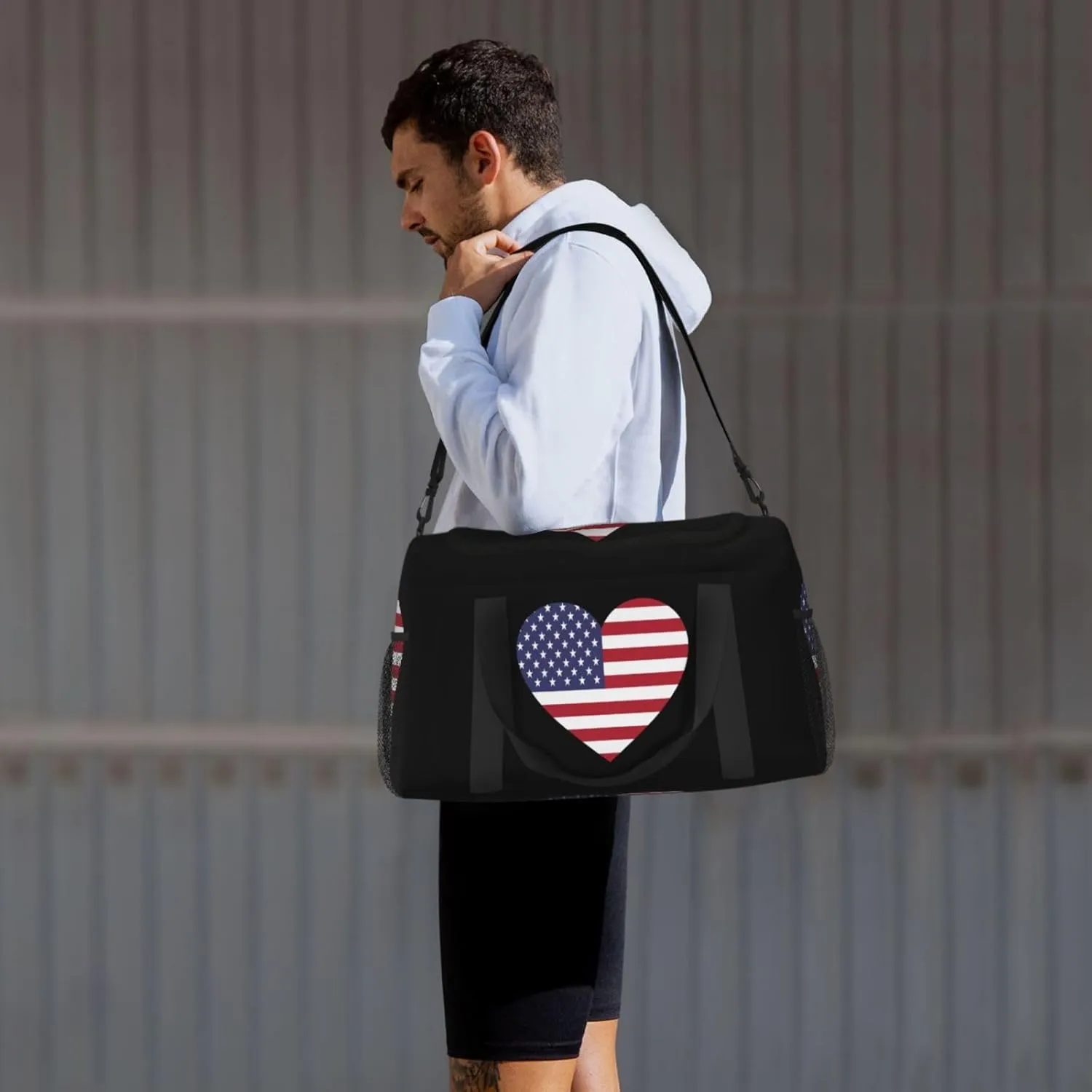 Love America Flag Travel Duffel Bag Large Foldable Waterproof Overnight Bag For Beach Swim Bags Pool Sports Gym