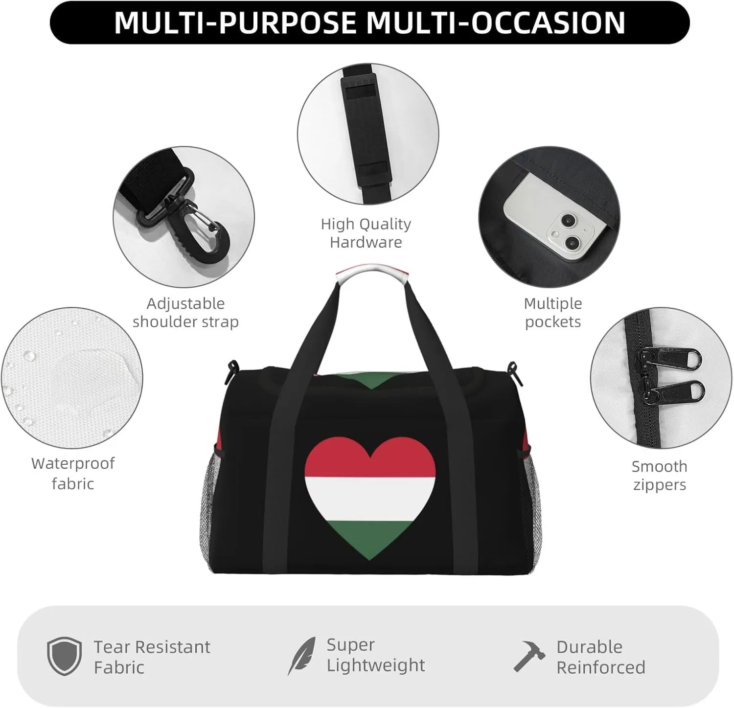 Love Hungary Flag Travel Duffel Bag Large Foldable Waterproof Overnight Bag For Beach Swim Bags Pool Sports Gym