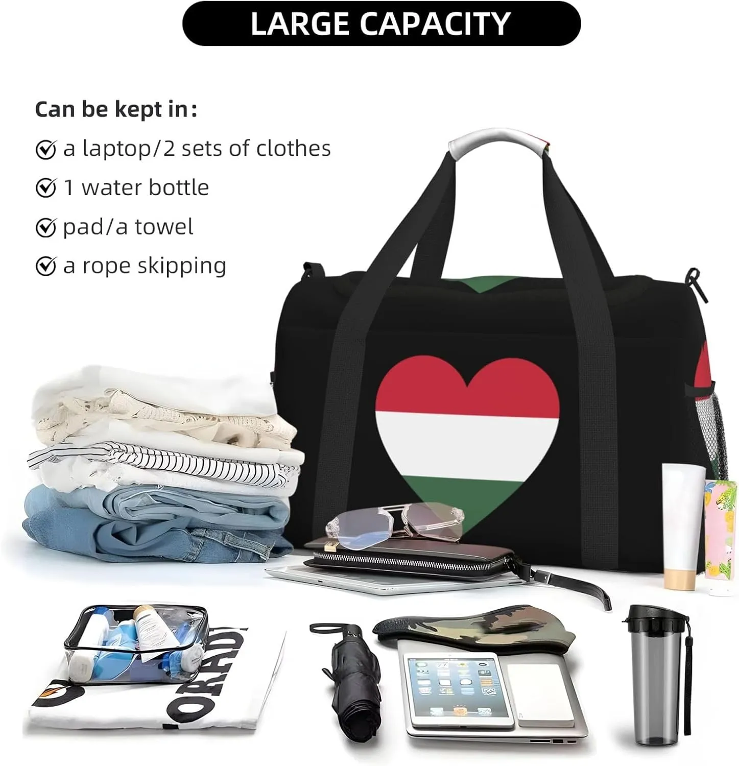 Love Hungary Flag Travel Duffel Bag Large Foldable Waterproof Overnight Bag For Beach Swim Bags Pool Sports Gym