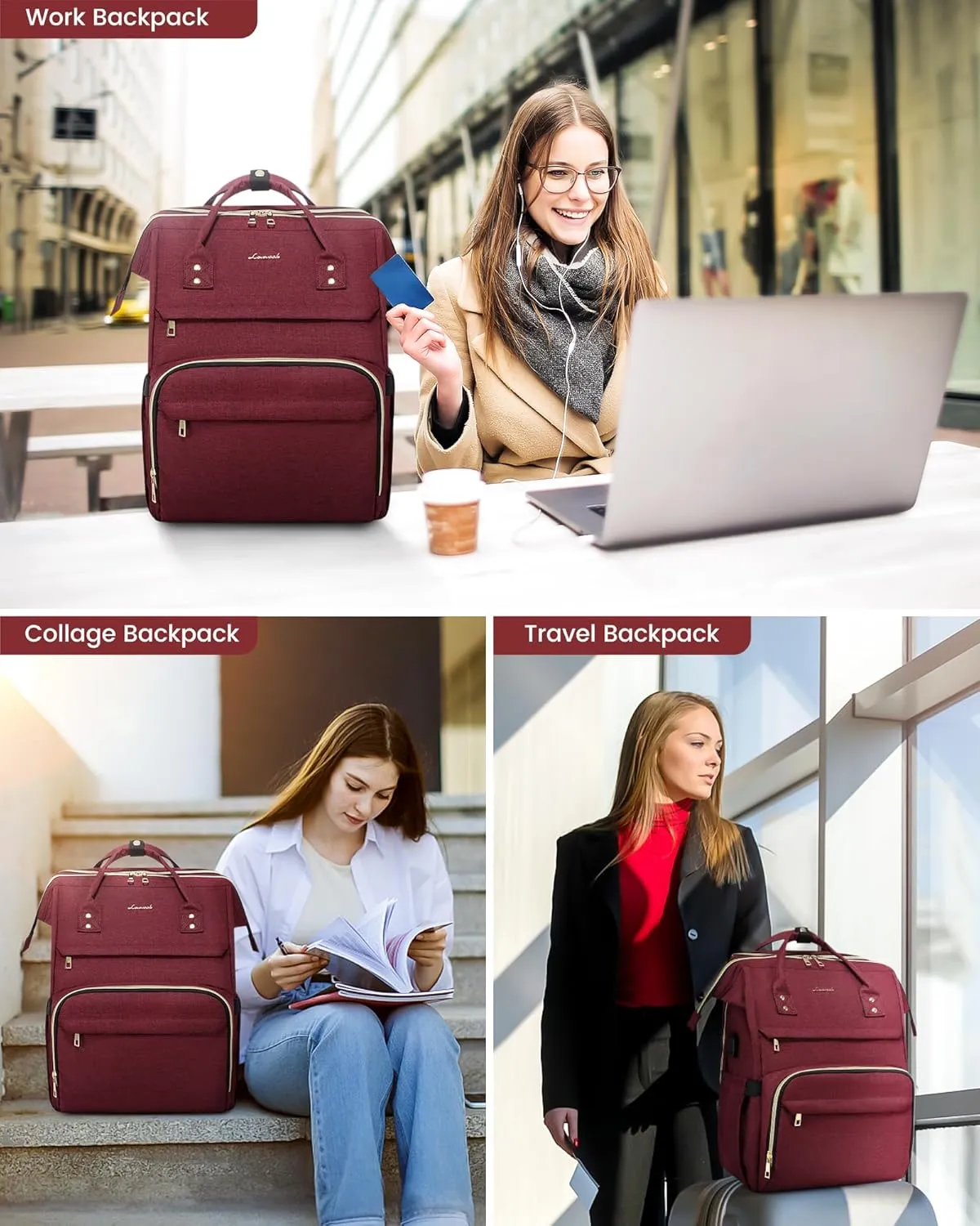 LOVEVOOK 17.3 Inch Laptop Backpack, Large Travel Backpack for Women, Water Resistant Teacher Backpack with Laptop Compartment, Professional Business Work bags with Charger, Wine Red