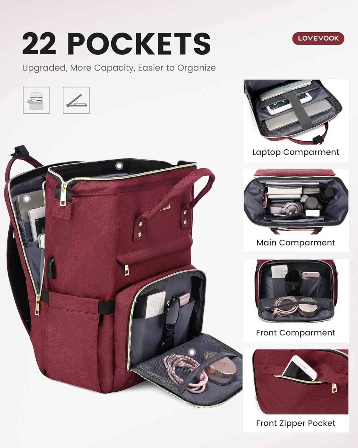 LOVEVOOK 17.3 Inch Laptop Backpack, Large Travel Backpack for Women, Water Resistant Teacher Backpack with Laptop Compartment, Professional Business Work bags with Charger, Wine Red