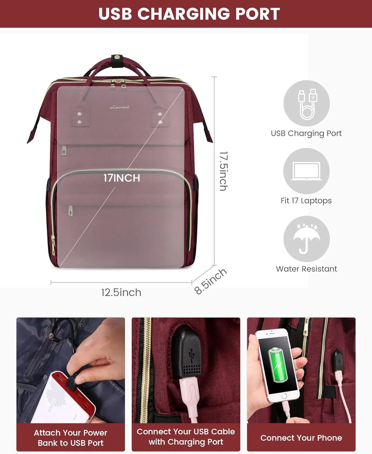 LOVEVOOK 17.3 Inch Laptop Backpack, Large Travel Backpack for Women, Water Resistant Teacher Backpack with Laptop Compartment, Professional Business Work bags with Charger, Wine Red