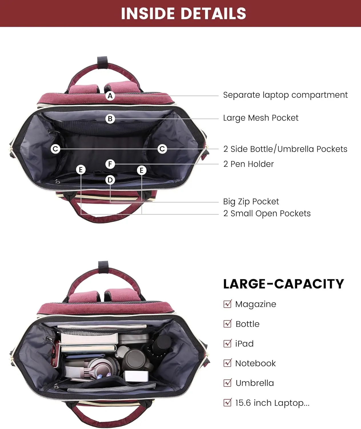 LOVEVOOK 17.3 Inch Laptop Backpack, Large Travel Backpack for Women, Water Resistant Teacher Backpack with Laptop Compartment, Professional Business Work bags with Charger, Wine Red