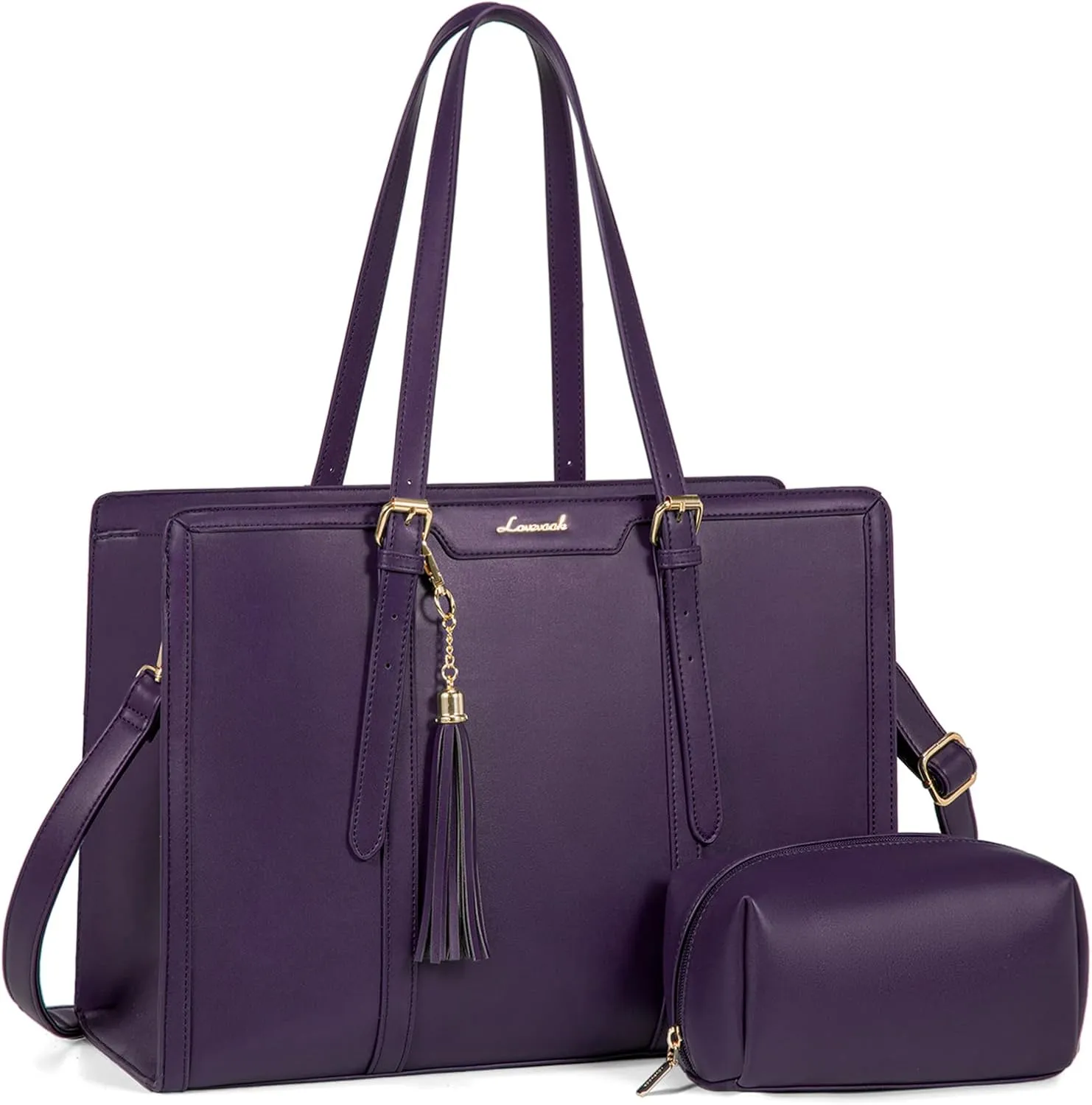 LOVEVOOK Laptop Bag for Women 15.6 inch Lightweight PU Laptop Tote Bag, Large Capacity Computer bag with Clutch Purse for Business, Work, Office, Travel,School，Casual（Dark Purple，15.6 Inch）