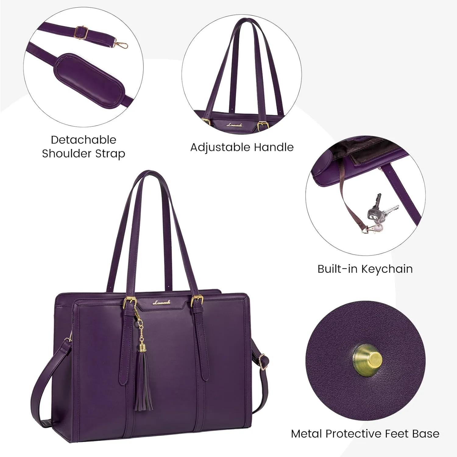 LOVEVOOK Laptop Bag for Women 15.6 inch Lightweight PU Laptop Tote Bag, Large Capacity Computer bag with Clutch Purse for Business, Work, Office, Travel,School，Casual（Dark Purple，15.6 Inch）