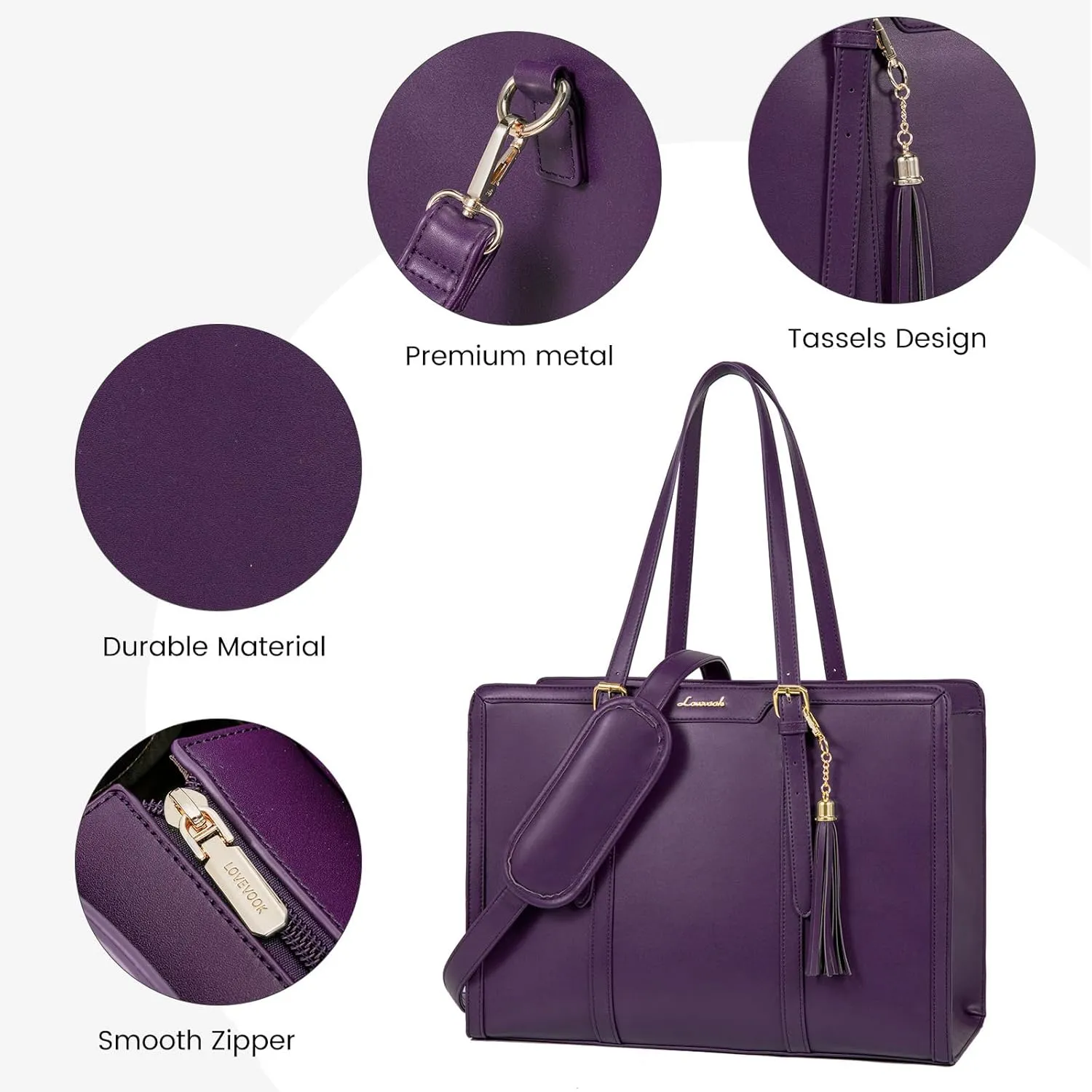 LOVEVOOK Laptop Bag for Women 15.6 inch Lightweight PU Laptop Tote Bag, Large Capacity Computer bag with Clutch Purse for Business, Work, Office, Travel,School，Casual（Dark Purple，15.6 Inch）