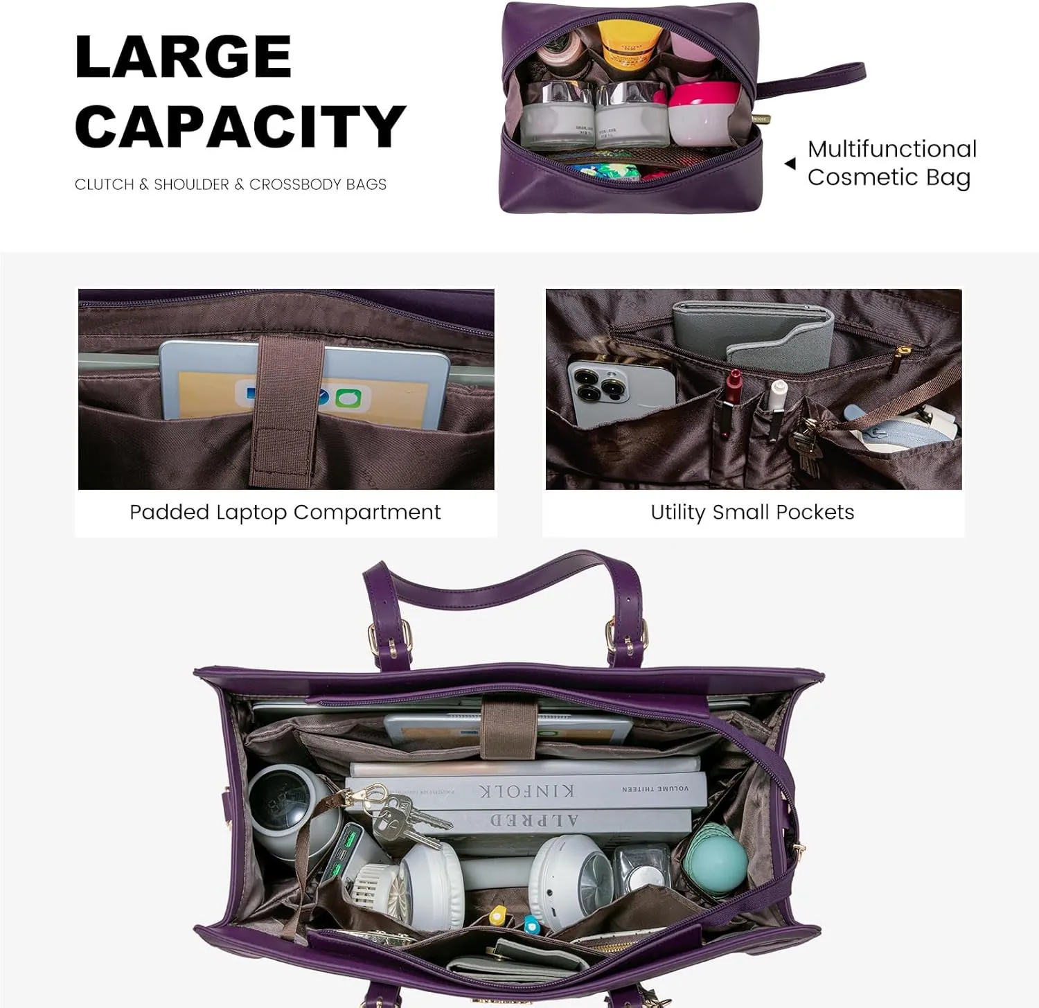 LOVEVOOK Laptop Bag for Women 15.6 inch Lightweight PU Laptop Tote Bag, Large Capacity Computer bag with Clutch Purse for Business, Work, Office, Travel,School，Casual（Dark Purple，15.6 Inch）