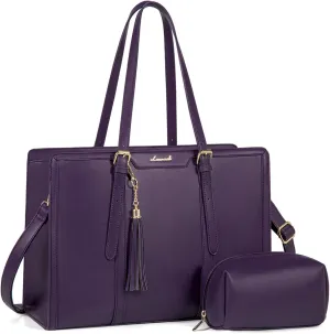 LOVEVOOK Laptop Bag for Women 15.6 inch Lightweight PU Laptop Tote Bag, Large Capacity Computer bag with Clutch Purse for Business, Work, Office, Travel,School，Casual（Dark Purple，15.6 Inch）