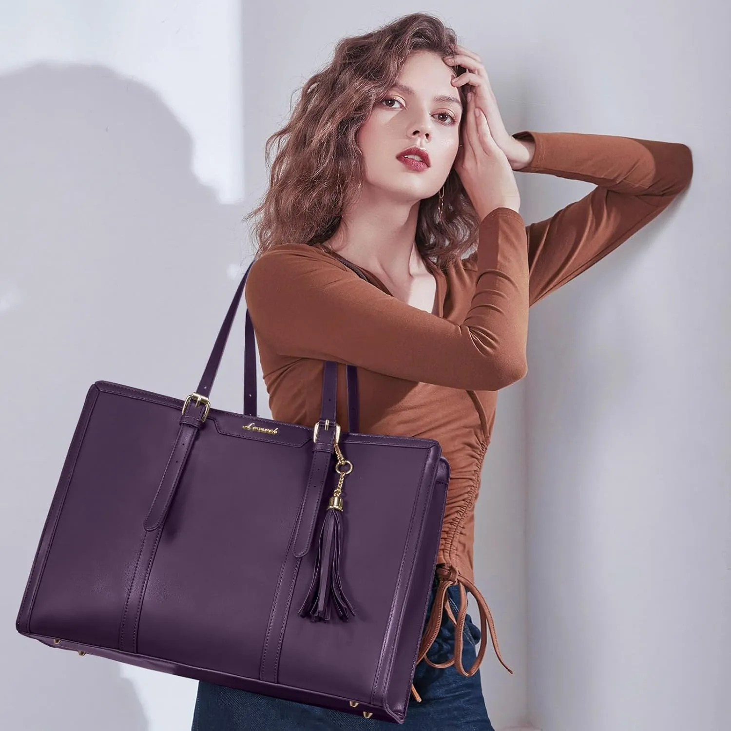 LOVEVOOK Laptop Bag for Women 15.6 inch Lightweight PU Laptop Tote Bag, Large Capacity Computer bag with Clutch Purse for Business, Work, Office, Travel,School，Casual（Dark Purple，15.6 Inch）