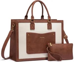 LOVEVOOK Laptop Tote Bag for Women, 15.6 Inch Work Bags, Vintage Leather Tote Bag, Waterproof Computer Bags with Clutch Purse, Large Capacity Messenger Bag for Teacher College Business Office