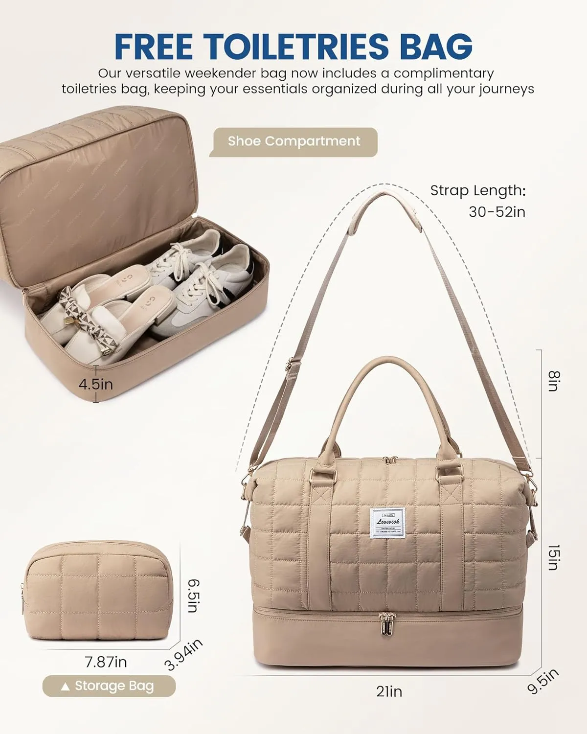 LOVEVOOK Puffer Weekender Bags for Women with Shoe Compartment, Carry On Overnight Bag with Toiletry Bag,Hospital Bag for Labor and Delivery, Gym Duffel Bag with Wet Pocket,2Pcs Set