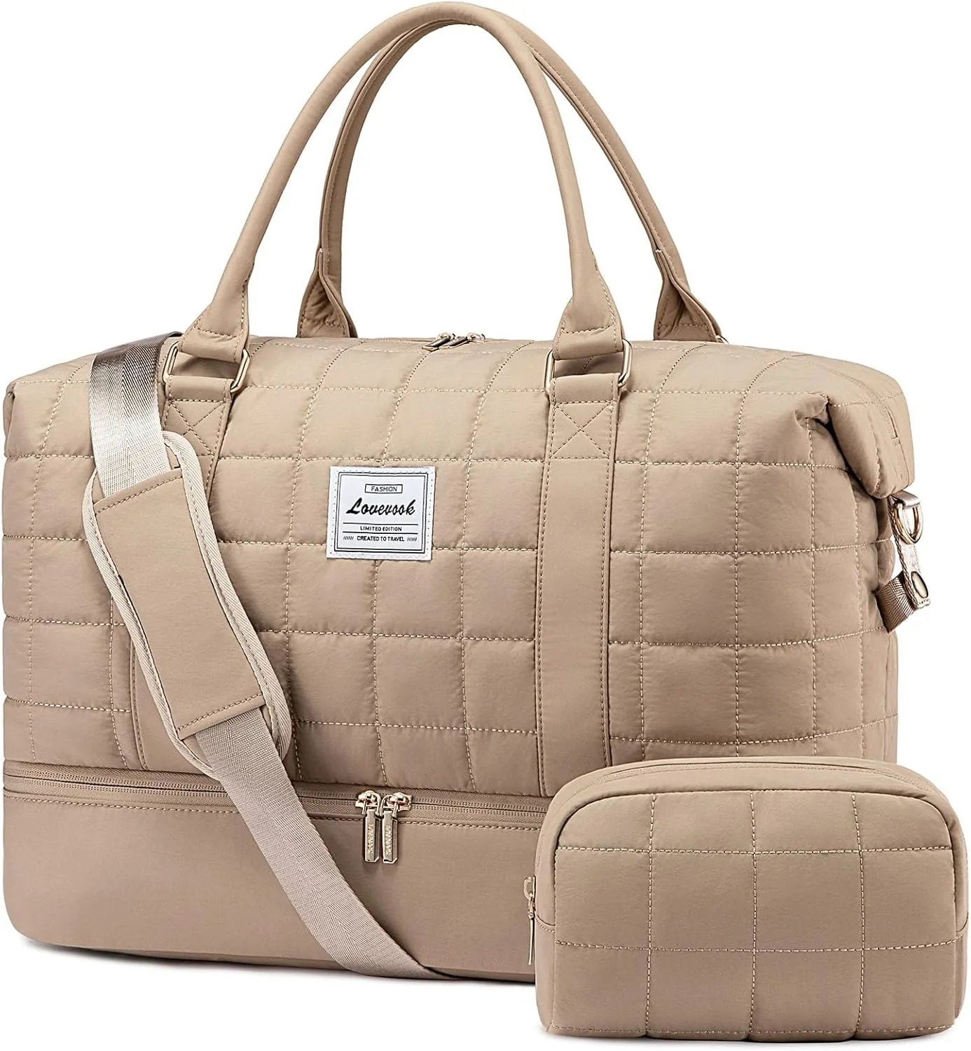 LOVEVOOK Puffer Weekender Bags for Women with Shoe Compartment, Carry On Overnight Bag with Toiletry Bag,Hospital Bag for Labor and Delivery, Gym Duffel Bag with Wet Pocket,2Pcs Set