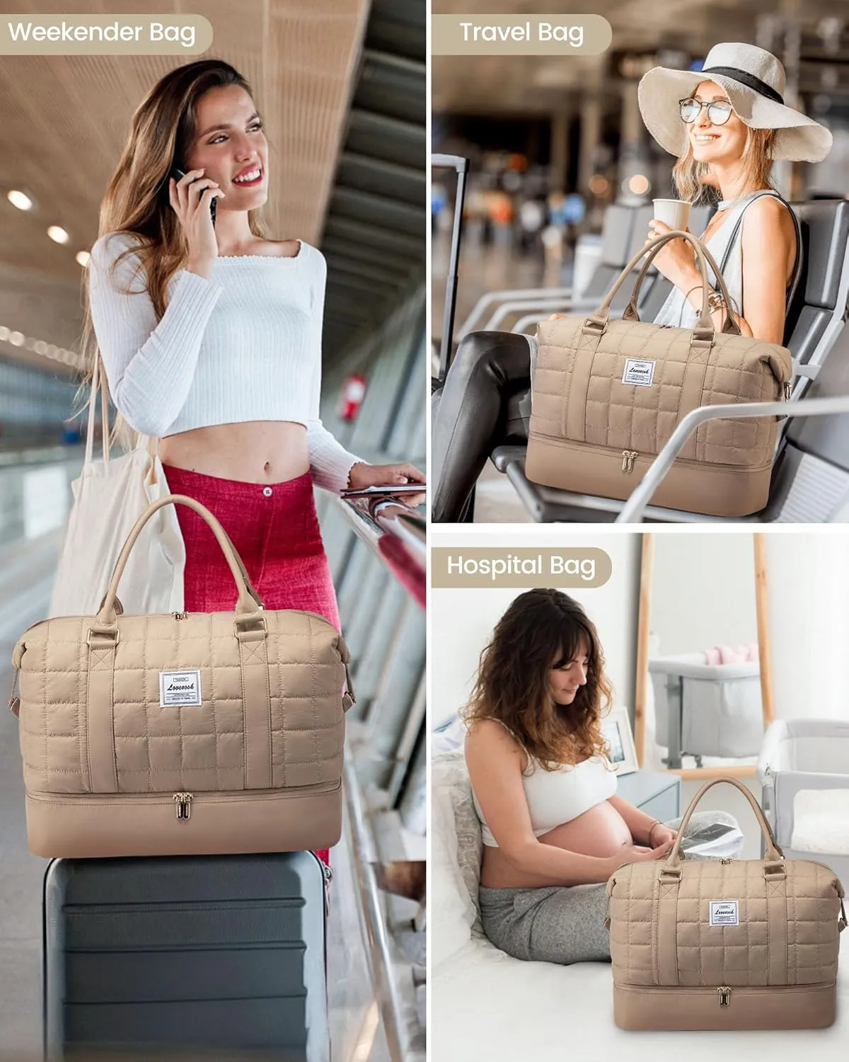 LOVEVOOK Puffer Weekender Bags for Women with Shoe Compartment, Carry On Overnight Bag with Toiletry Bag,Hospital Bag for Labor and Delivery, Gym Duffel Bag with Wet Pocket,2Pcs Set