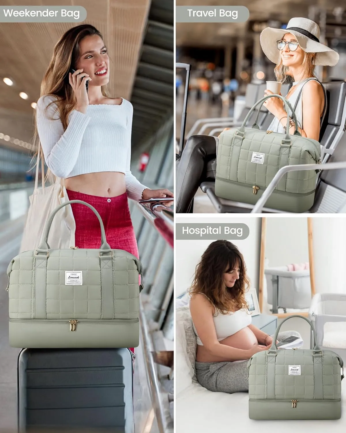LOVEVOOK Travel Duffle Bag, Puffer Weekender Bags for Women with Shoe Compartment, Carry On Overnight Bag with Toiletry Bag,Hospital Bag for Labor and Delivery, Gym Duffel Bag with Wet Pocket,2Pcs Set