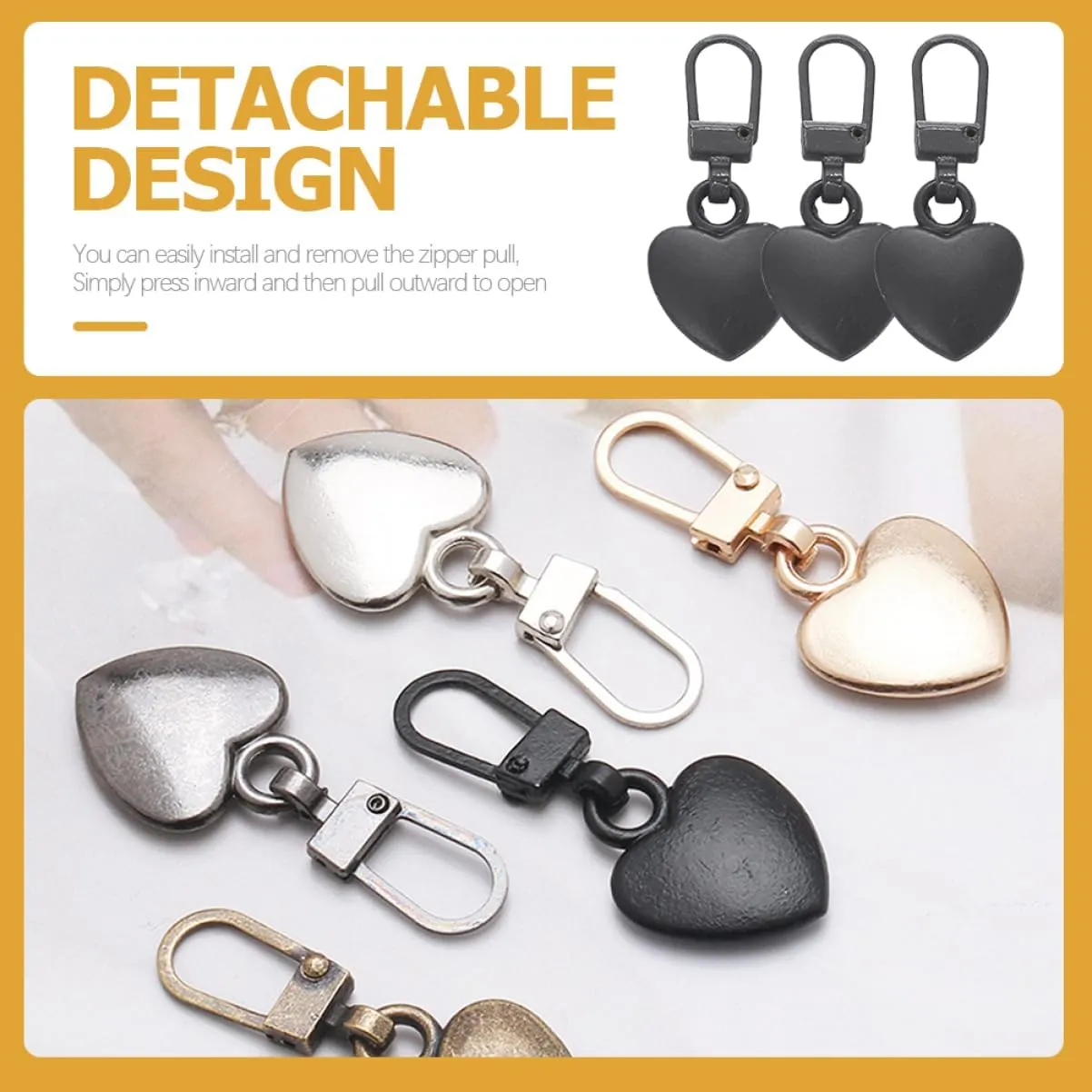 Lurrose 3sets 12pcs Detachable Zipper Pulls Durable Zipper Heads for Jackets Bags and Boots Easy to Install Replacement Tabs Heart Design 12pcs*3