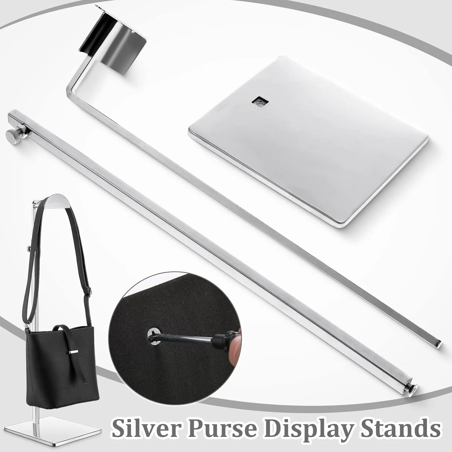 Maitys 4 Pack Purse Display Stands Stainless Steel Adjustable Height Bags Display Holder for Home Store Boutique Counter (Silver)
