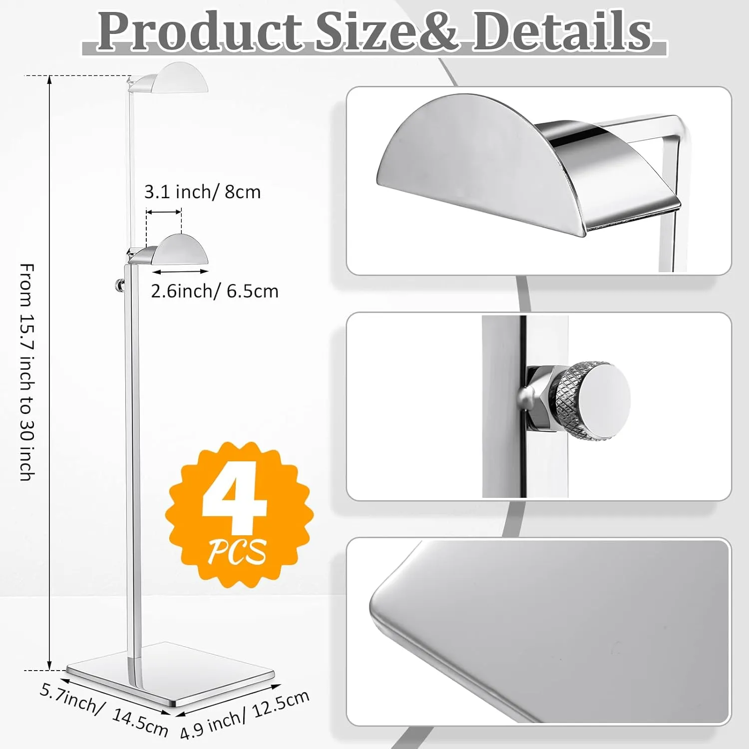Maitys 4 Pack Purse Display Stands Stainless Steel Adjustable Height Bags Display Holder for Home Store Boutique Counter (Silver)