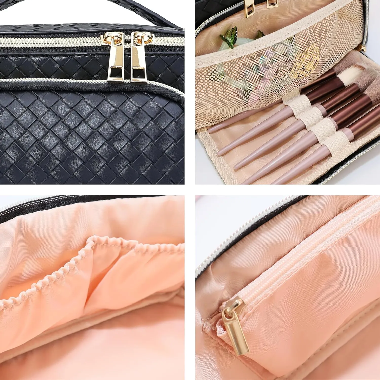 make up bags women Travel Makeup Bag Cosmetic Bag Toiletry Bag Woven,Wide Open Portable Waterproof Pouch Make up Organizer with Divider and Handle (Black)
