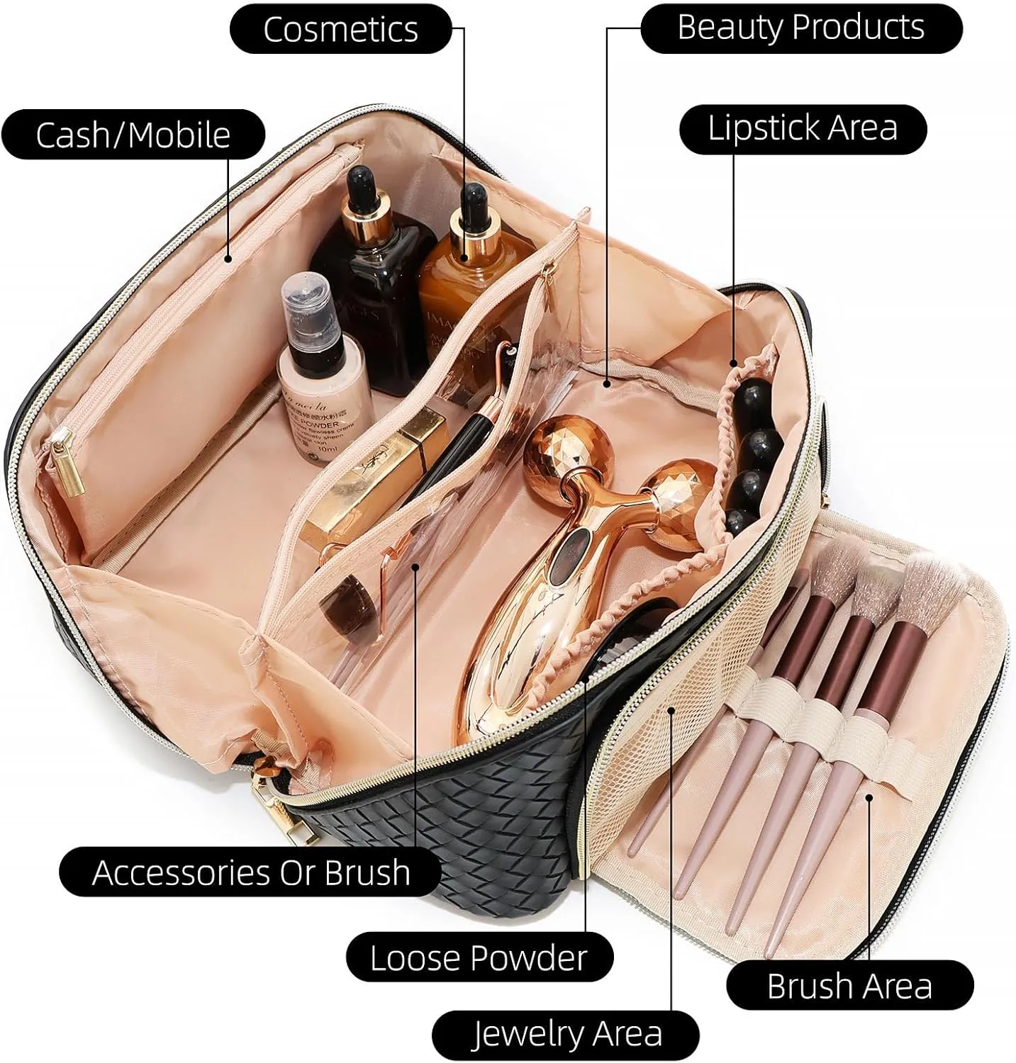 make up bags women Travel Makeup Bag Cosmetic Bag Toiletry Bag Woven,Wide Open Portable Waterproof Pouch Make up Organizer with Divider and Handle (Black)