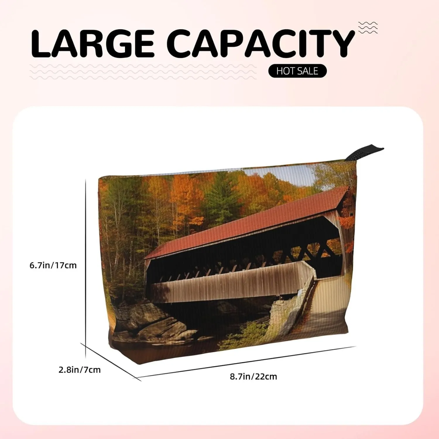Makeup Bag for Women Albany Covered Bridge Cosmetic Bag Large Capacity Portable Makeup Organizer Bags Corduroy Travel Toiletry Bag Cute Aesthetic Zipper Makeup Pouch