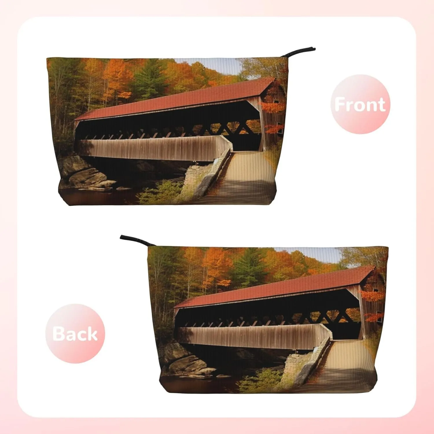Makeup Bag for Women Albany Covered Bridge Cosmetic Bag Large Capacity Portable Makeup Organizer Bags Corduroy Travel Toiletry Bag Cute Aesthetic Zipper Makeup Pouch
