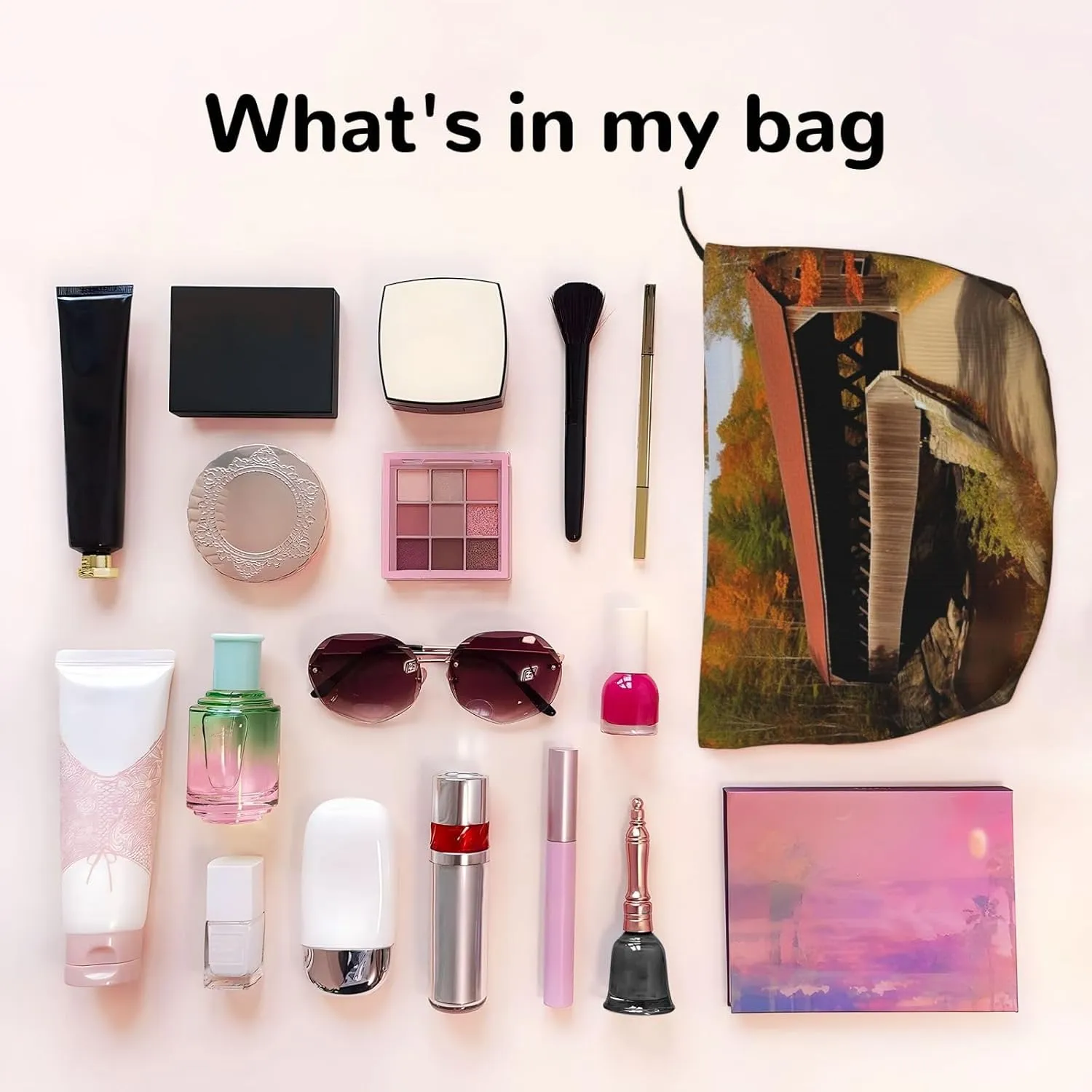 Makeup Bag for Women Albany Covered Bridge Cosmetic Bag Large Capacity Portable Makeup Organizer Bags Corduroy Travel Toiletry Bag Cute Aesthetic Zipper Makeup Pouch