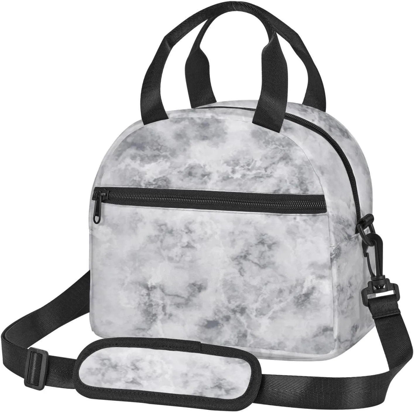 Marble,Insulated Reusable Lunch Bag Adult Large Lunch Box for Women and Men,Granite Surface Pattern with Stormy,Adjustable Shoulder Strap,Front Zipper Pocket,Gray White