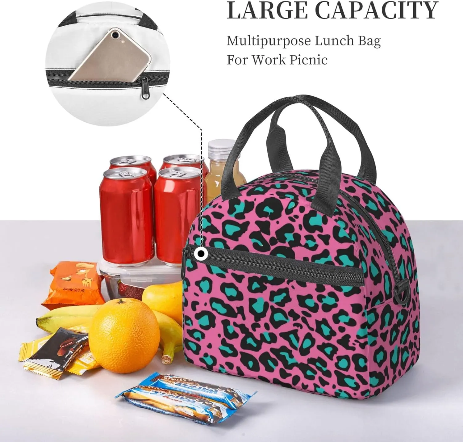 Marble,Insulated Reusable Lunch Bag Adult Large Lunch Box for Women and Men,Granite Surface Pattern with Stormy,Adjustable Shoulder Strap,Front Zipper Pocket,Gray White