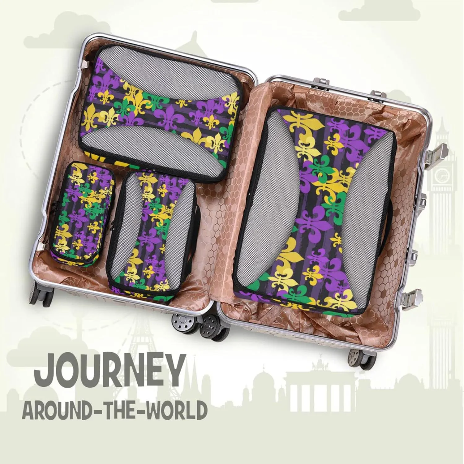 Mardi Gras Carnival Masquerade Purple Yellow Green Fleur De Lis 4 Set Packing Cubes, Travel Packing Organizers, 600D Oxford Cloth Toiletry Storage Bag, Luggage Mesh Bags for Accessories