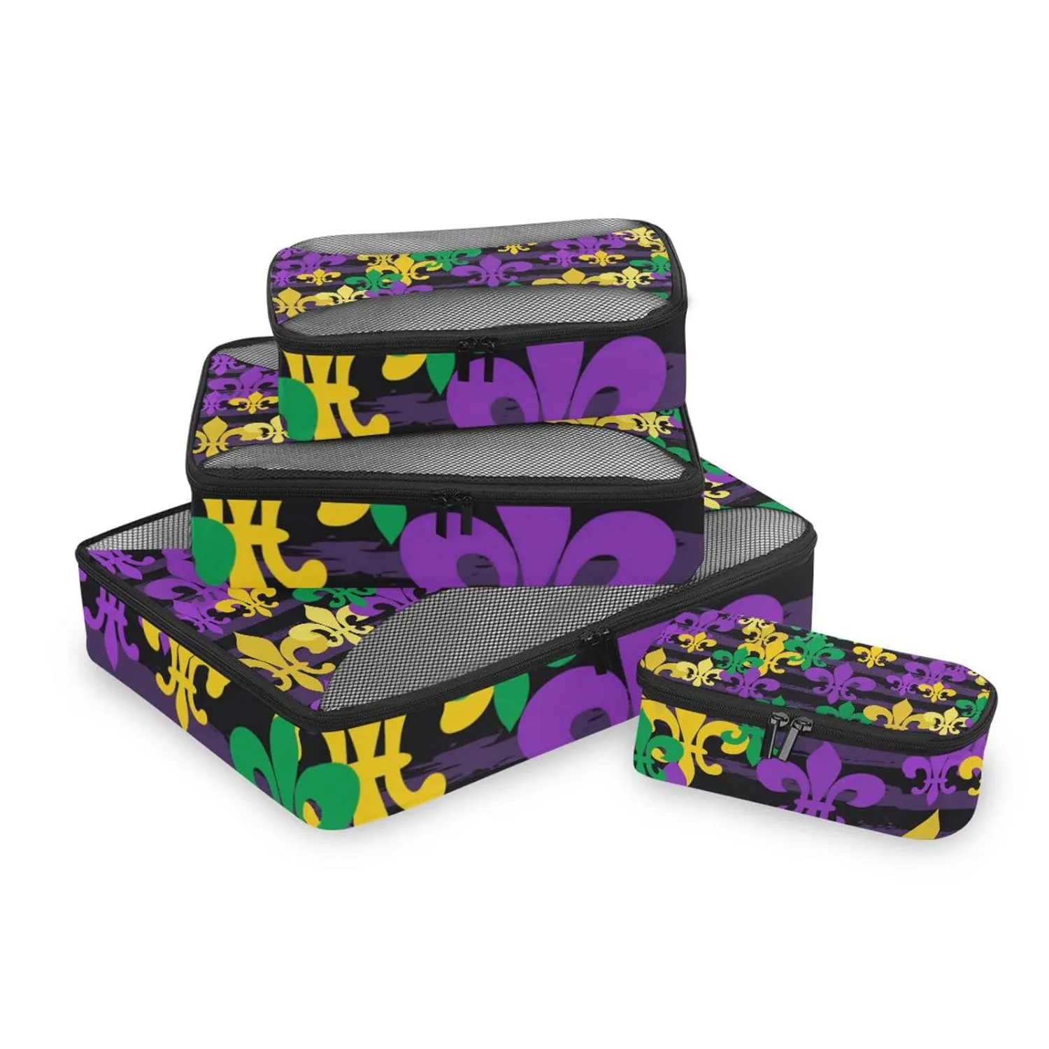 Mardi Gras Carnival Masquerade Purple Yellow Green Fleur De Lis 4 Set Packing Cubes, Travel Packing Organizers, 600D Oxford Cloth Toiletry Storage Bag, Luggage Mesh Bags for Accessories