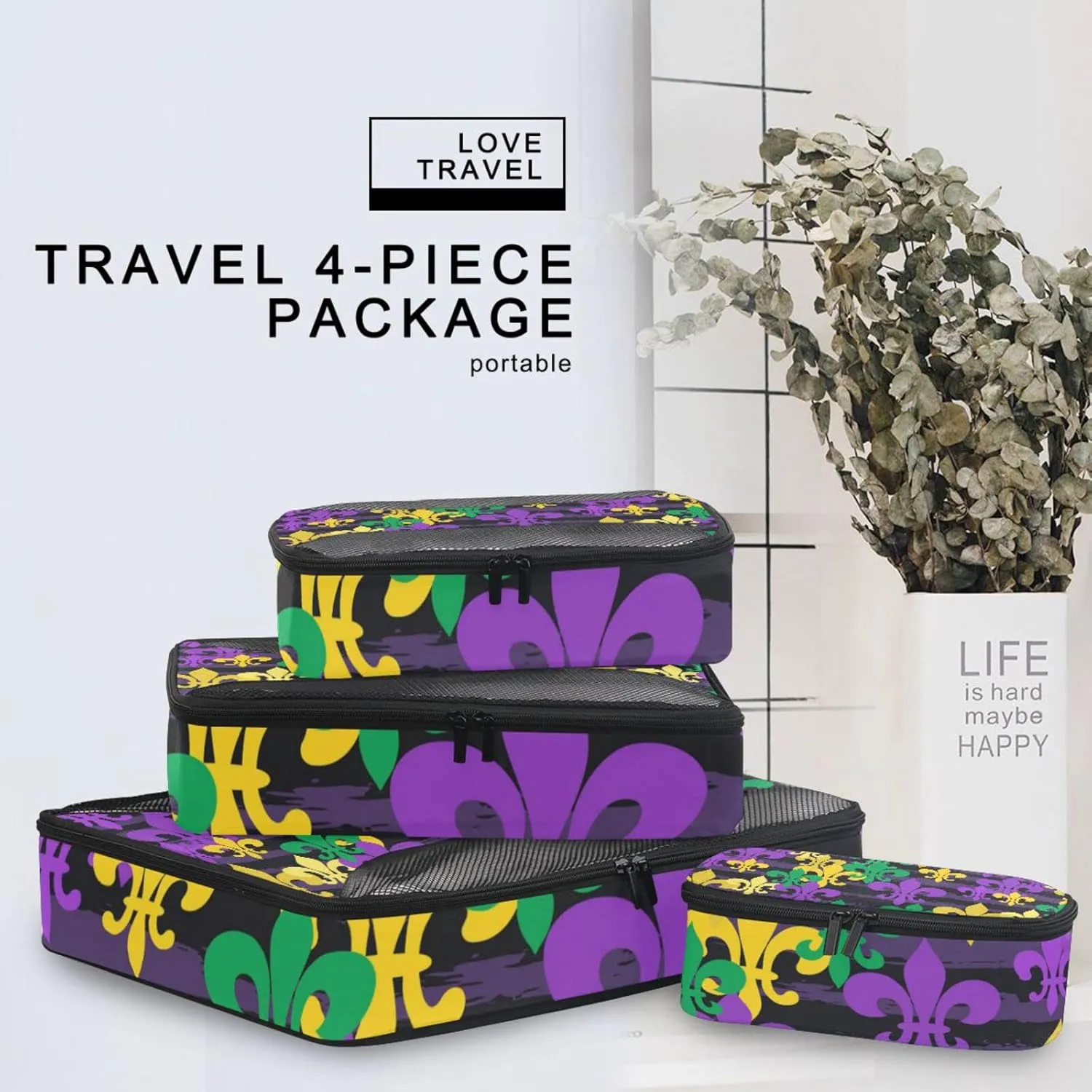 Mardi Gras Carnival Masquerade Purple Yellow Green Fleur De Lis 4 Set Packing Cubes, Travel Packing Organizers, 600D Oxford Cloth Toiletry Storage Bag, Luggage Mesh Bags for Accessories