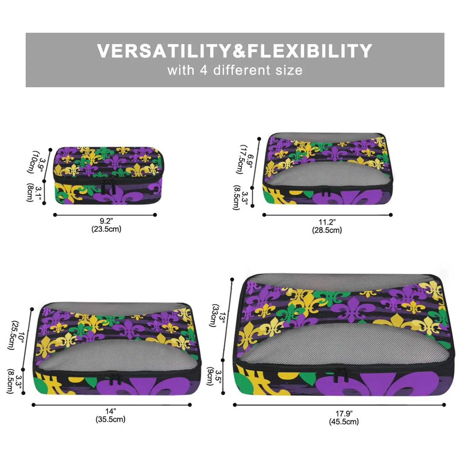 Mardi Gras Carnival Masquerade Purple Yellow Green Fleur De Lis 4 Set Packing Cubes, Travel Packing Organizers, 600D Oxford Cloth Toiletry Storage Bag, Luggage Mesh Bags for Accessories