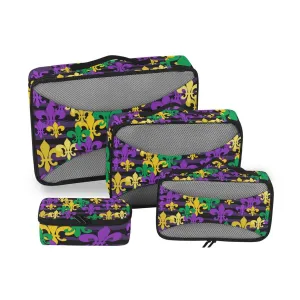 Mardi Gras Carnival Masquerade Purple Yellow Green Fleur De Lis 4 Set Packing Cubes, Travel Packing Organizers, 600D Oxford Cloth Toiletry Storage Bag, Luggage Mesh Bags for Accessories