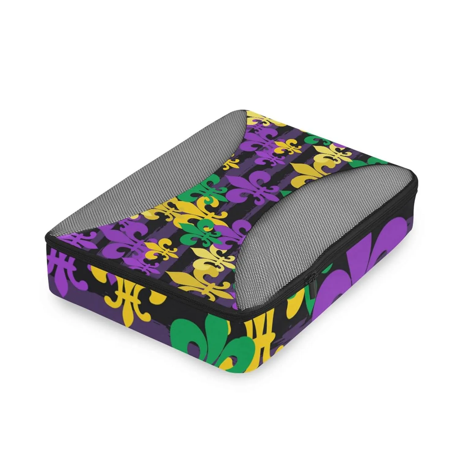 Mardi Gras Carnival Masquerade Purple Yellow Green Fleur De Lis 4 Set Packing Cubes, Travel Packing Organizers, 600D Oxford Cloth Toiletry Storage Bag, Luggage Mesh Bags for Accessories